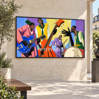Blue And Yellow Pop Art Jazz Painting Panoramic Wall Art For Living Room Original Artist By Mesonart
