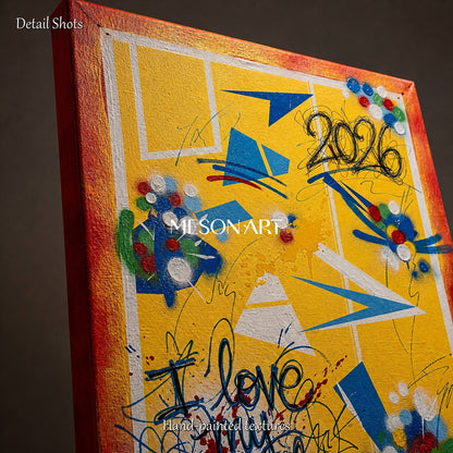 Yellow And Red Graffiti Painting Banksy Style Original Artist Hand Painted Rectangular Wall Art For Living Room By Mesonart