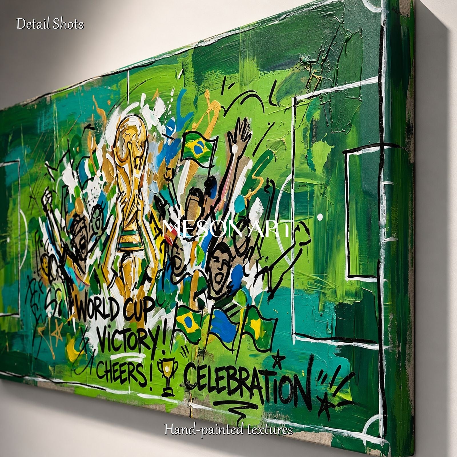 Large World Cup Graffiti Painting Green Gold Sports Art For Living Room Entryway