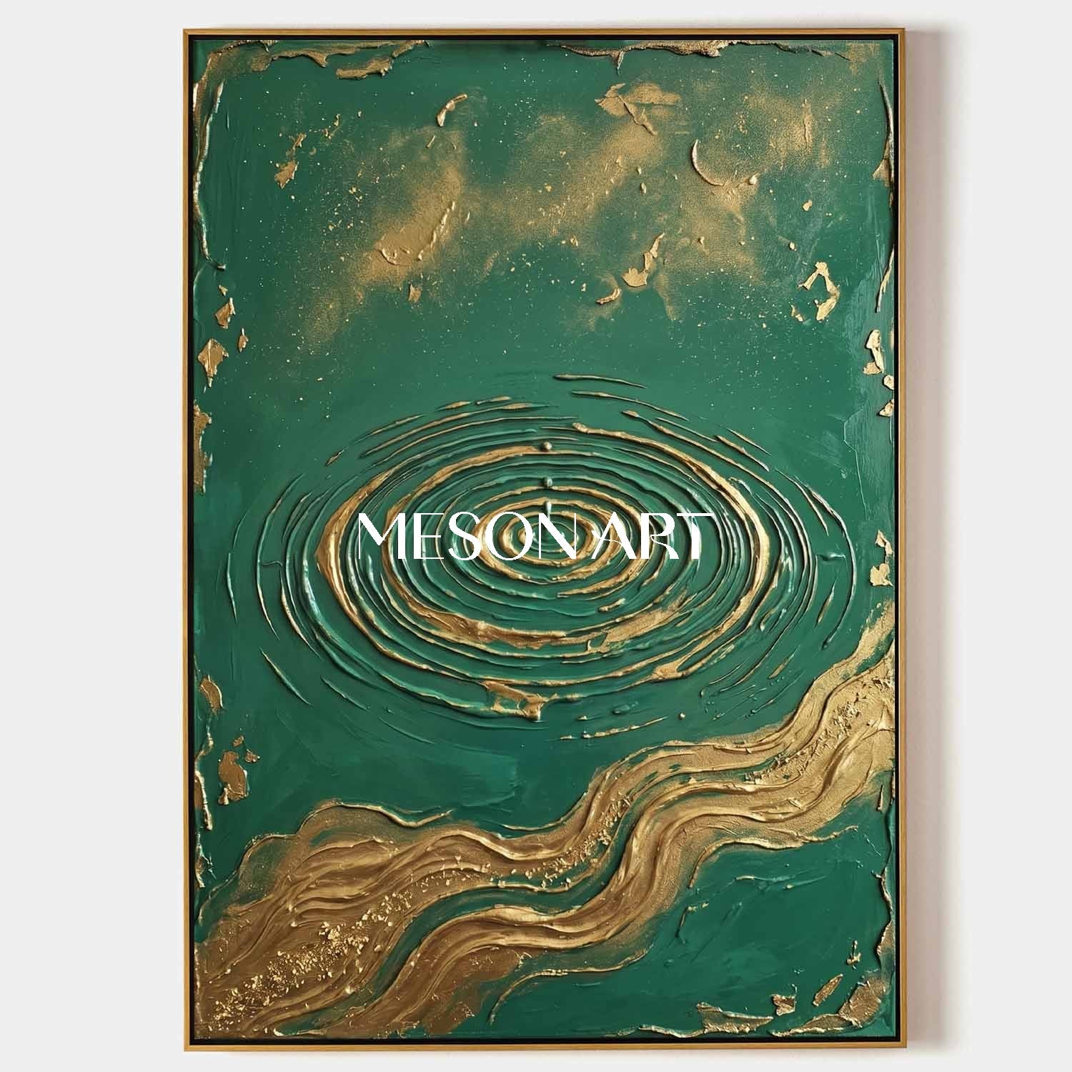 Luxury Emerald Green And Gold Art Deco Painting With Textured Relief For Modern Living Room Decor