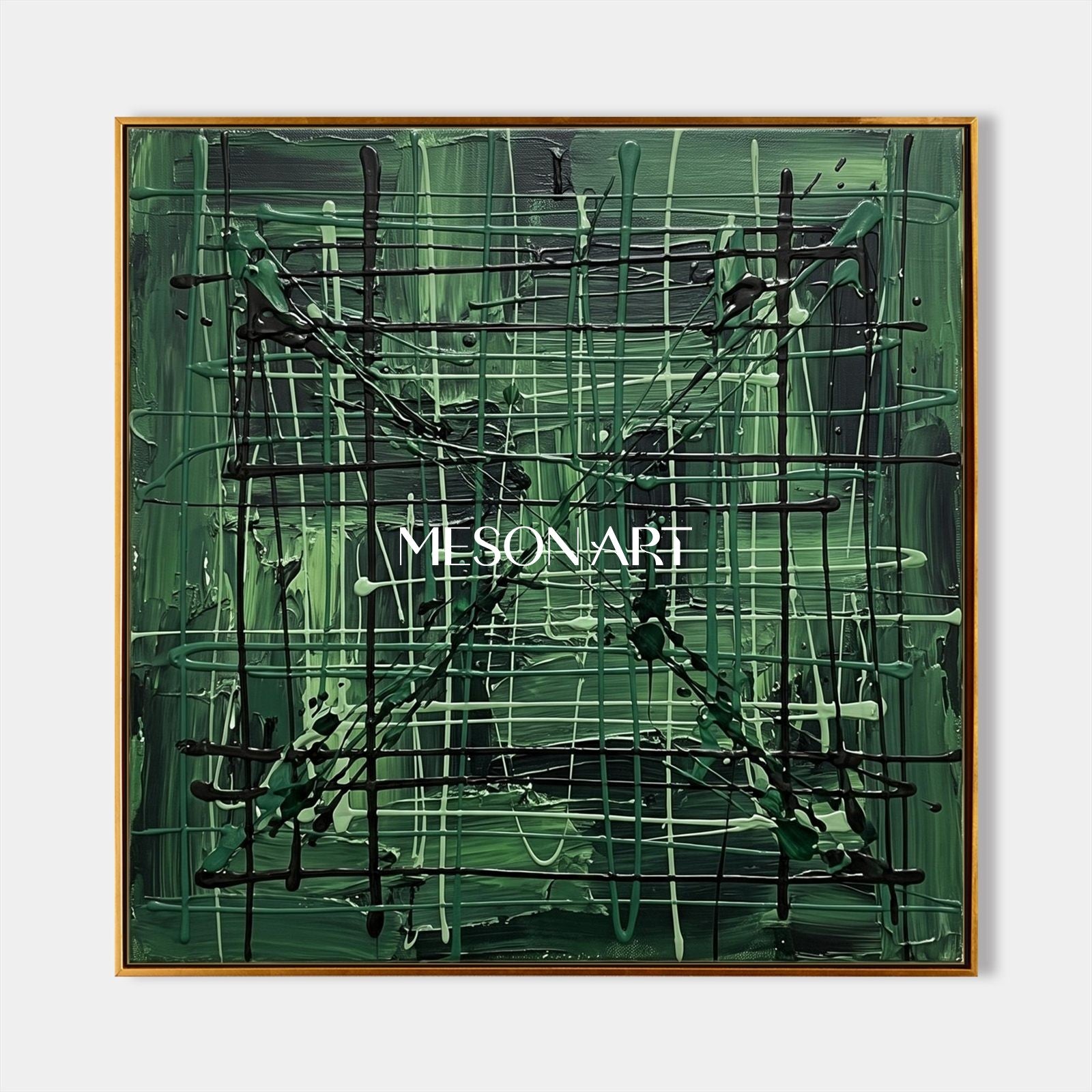 Green And Black Pollock Inspired Abstract Painting Square Wall Art For Living Room By Mesonart