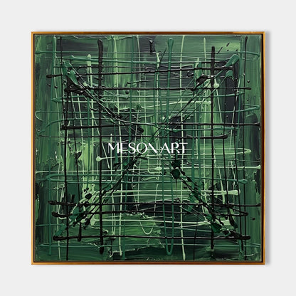 Green And Black Pollock Inspired Abstract Painting Square Wall Art For Living Room By Mesonart