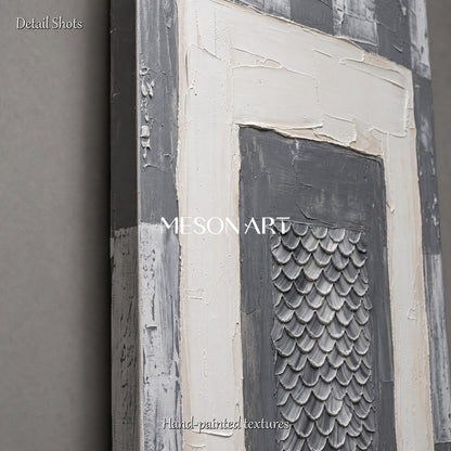 Gray And White Abstract Geometric Painting With Rich Textured Relief For Modern Living Room Decor
