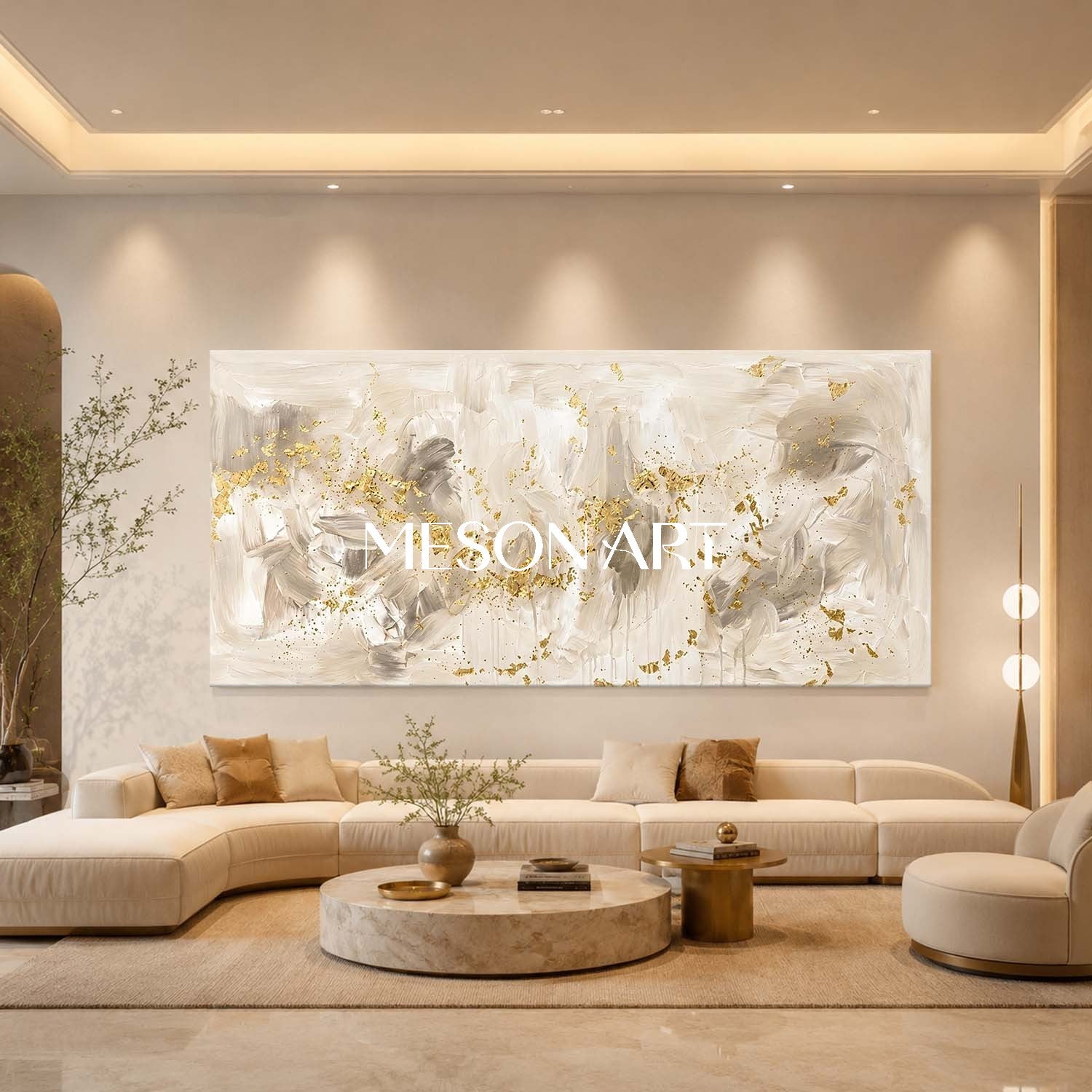 Luxury Gold Leaf Abstract Painting On Linen Canvas For Modern Living Room And Entryway Decor