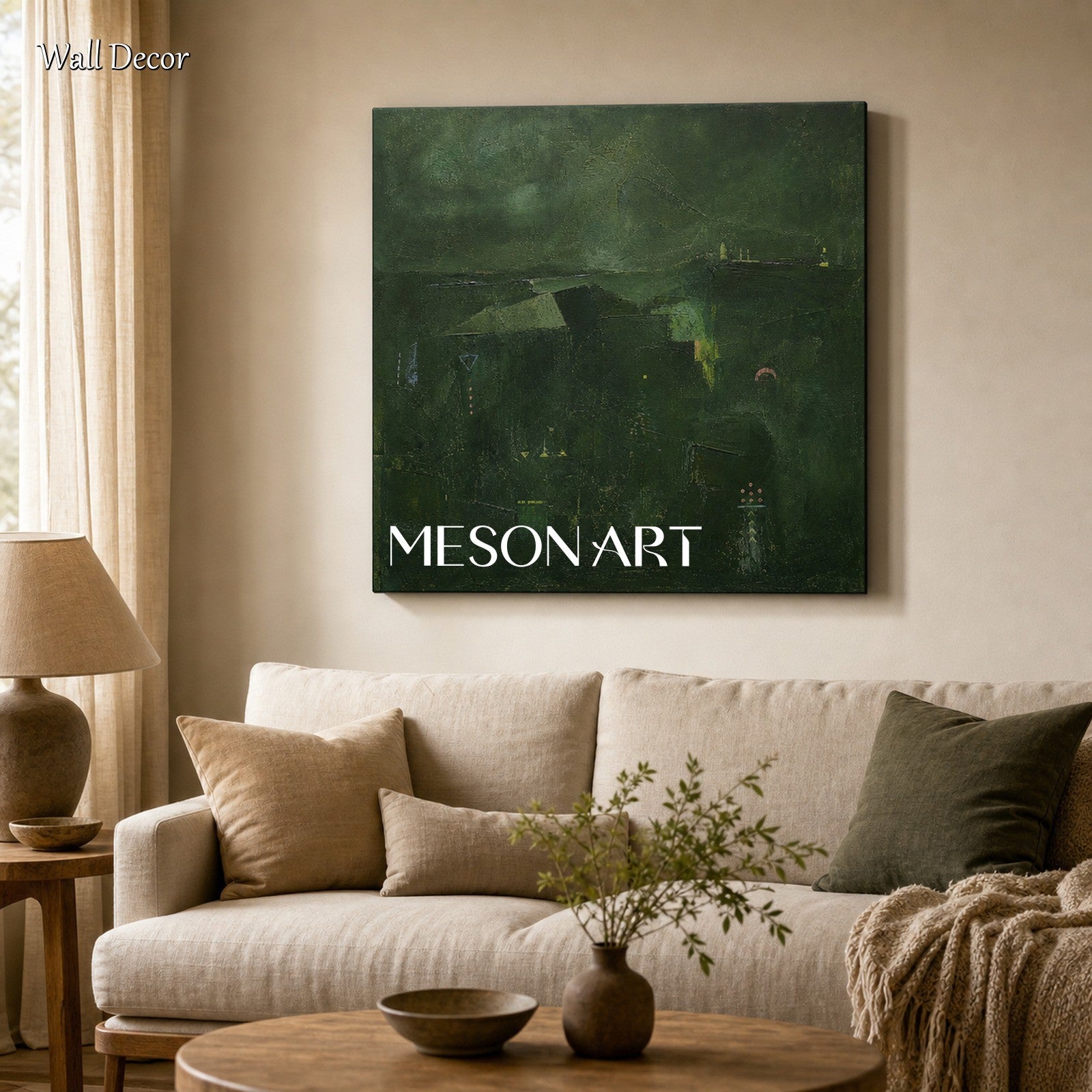 Emerald Silence Original Green Abstract Landscape Painting With Gold Frame For Modern Living Room And Home Office Decor