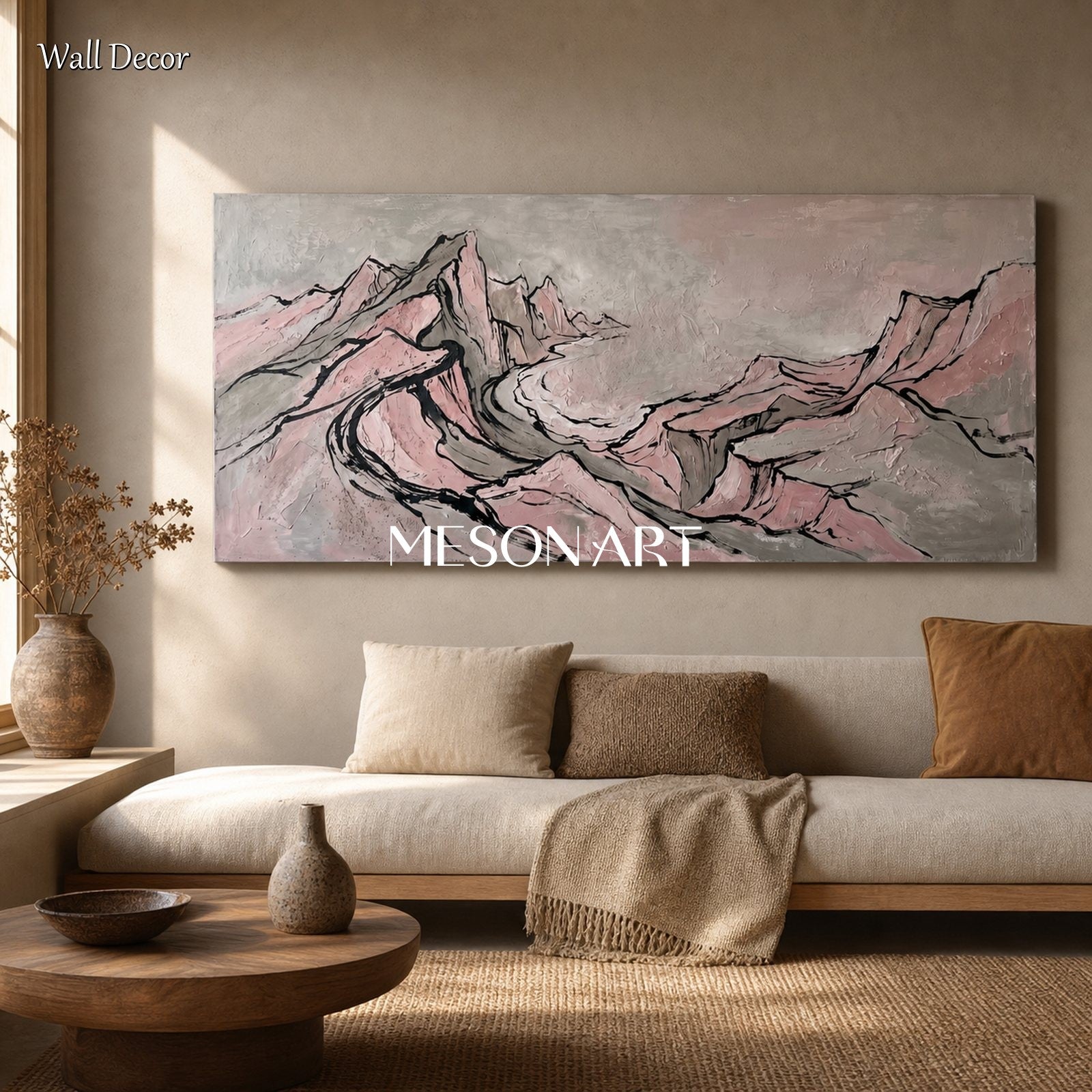Large Pink And Black Abstract Mountain Wall Art For Modern Living Room Decor