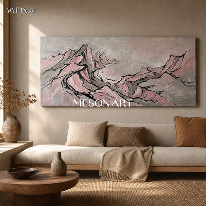 Large Pink And Black Abstract Mountain Wall Art For Modern Living Room Decor