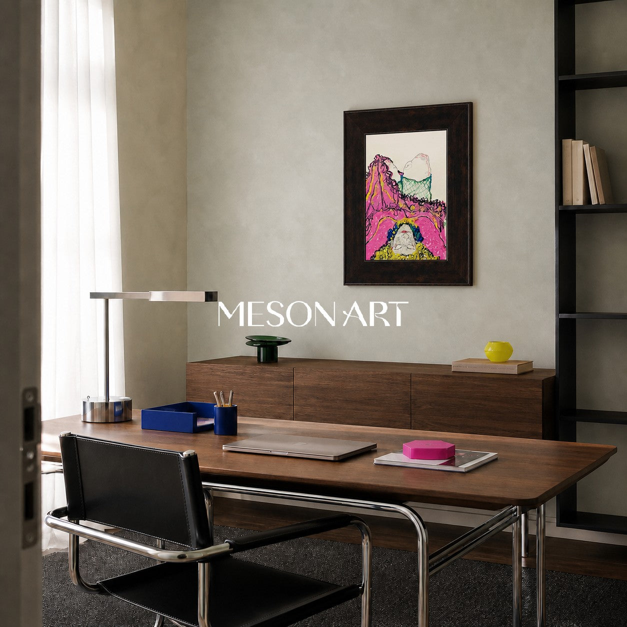 Modern Abstract Expressionist Painting With Pink And Yellow Figures For Living Room Decor