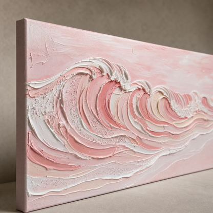 Large Pink Ocean Wave Painting Textured Abstract Art For Tranquil Living Room Decor