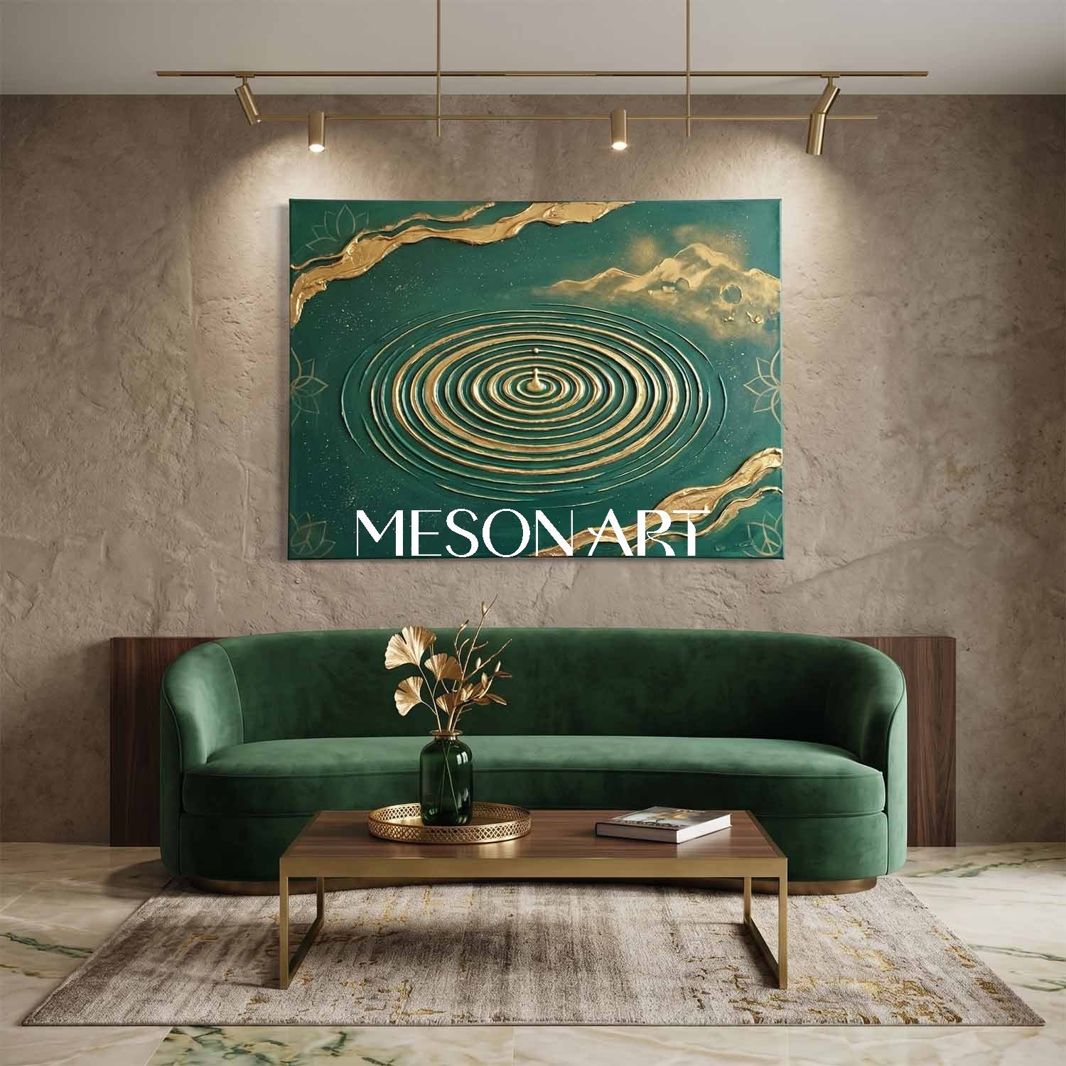 Emerald Green And Gold Textured Art Deco Painting For Modern Living Room Decor