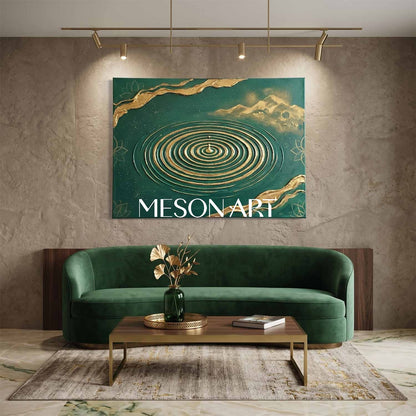 Emerald Green And Gold Textured Art Deco Painting For Modern Living Room Decor