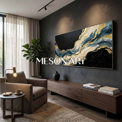 Abstract Plaster Texture Art With Gold Accents For Modern Living Room Decor