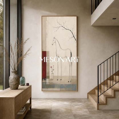 Minimalist Horse Painting In Beige And Red For Modern Living Room Entryway Decor