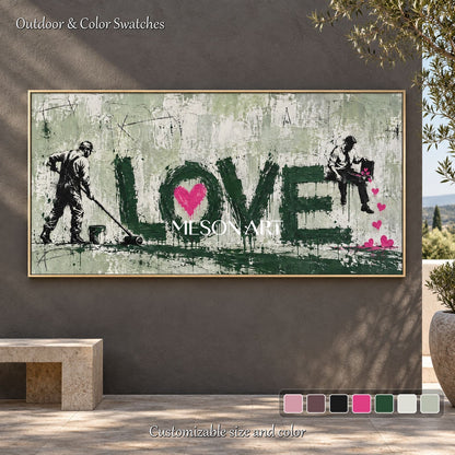 Green And Pink Abstract Graffiti Painting Hand Painted Neo Expressionist Panoramic Wall Art By Mesonart