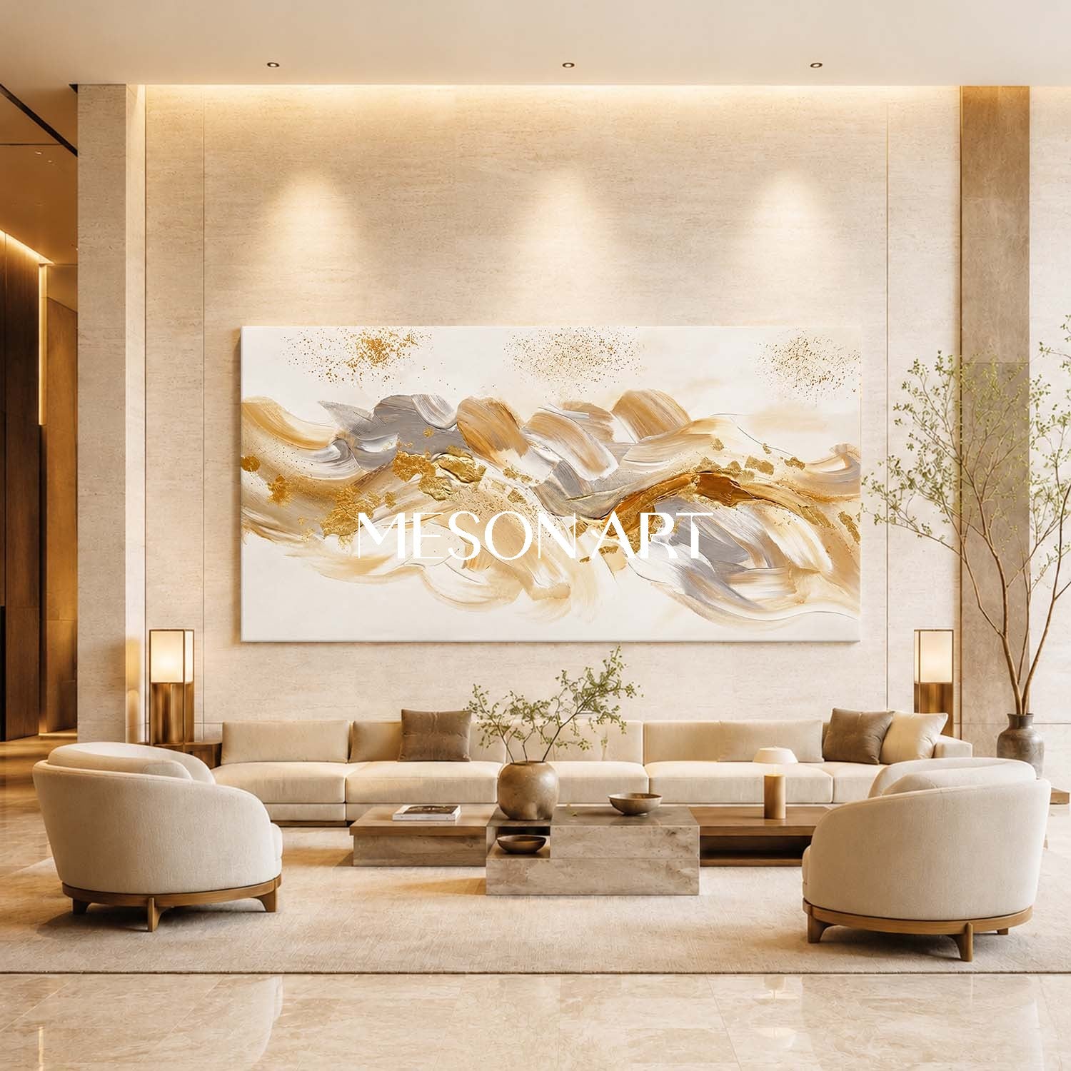 Luxury Gold Abstract Painting With Champagne Tones For Modern Living Room Decor