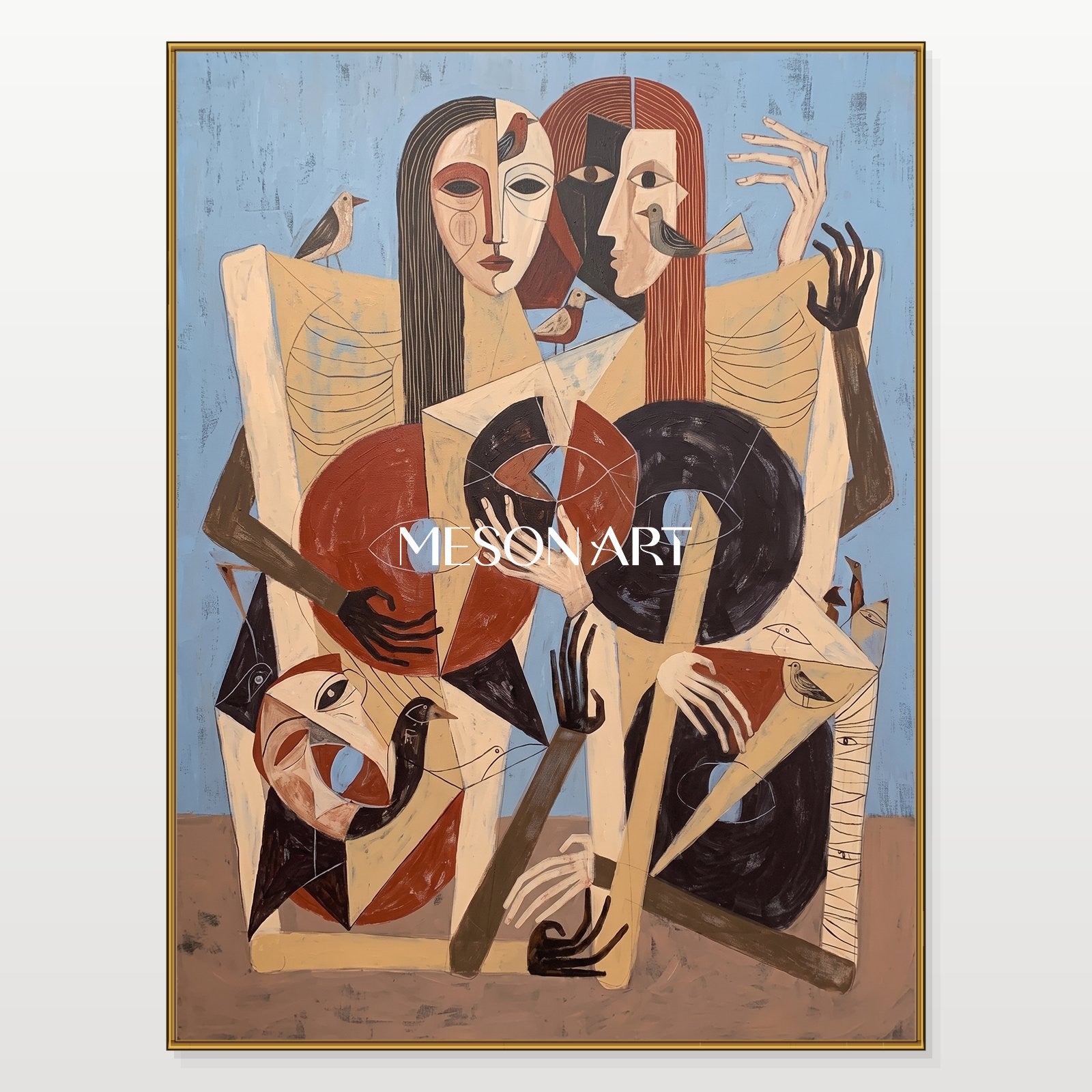 Beige And Blue Figurative Expressionist Art Rectangular Painting By Mesonart
