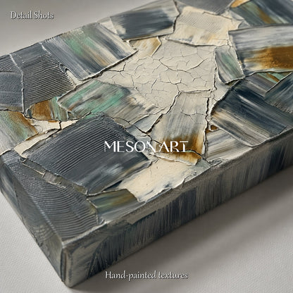 Green Wabi Sabi Wall Art Abstract Minimalist Painting With Cracked Texture For Living Room