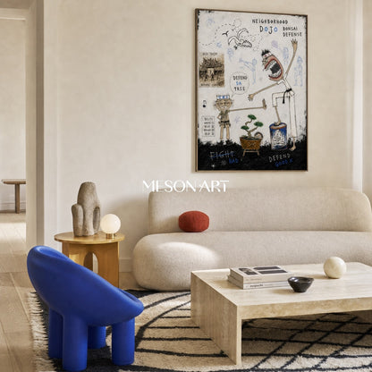 White And Black Graffiti Figurative Art Rectangular Canvas Martial Arts Story By Mesonart