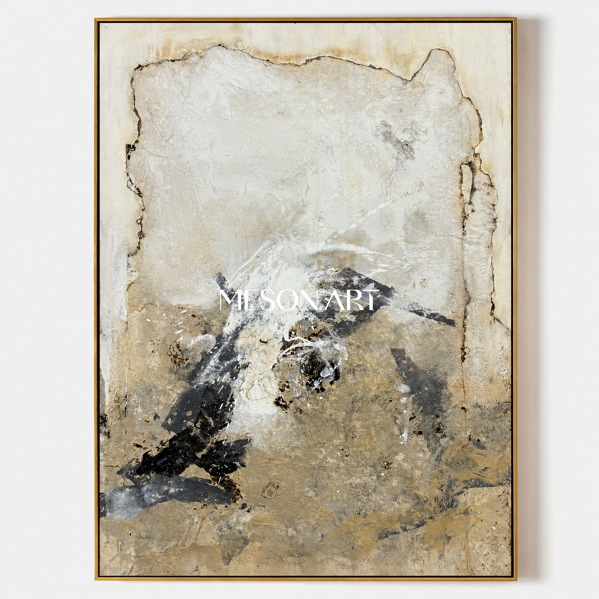 Black And Beige Abstract Art Original Artist Hand Painted Mixed Media Rectangular Wall Art For Living Room By Mesonart