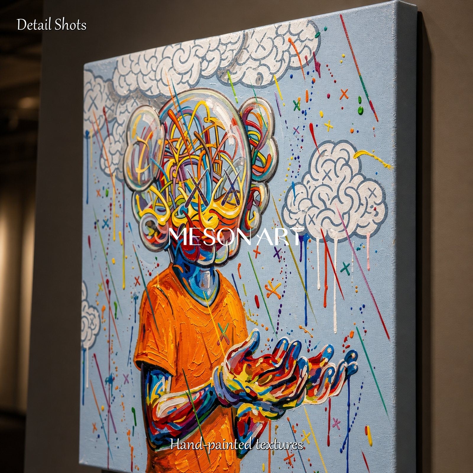 Vibrant Pop Art Painting With Glass Head Figure For Modern Living Room Decor
