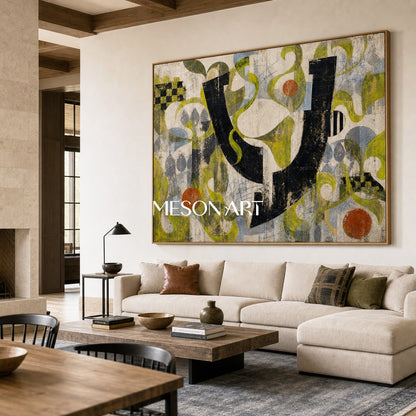 Urban Graffiti Abstract Art With Green And Black For Industrial Loft Living Room Decor
