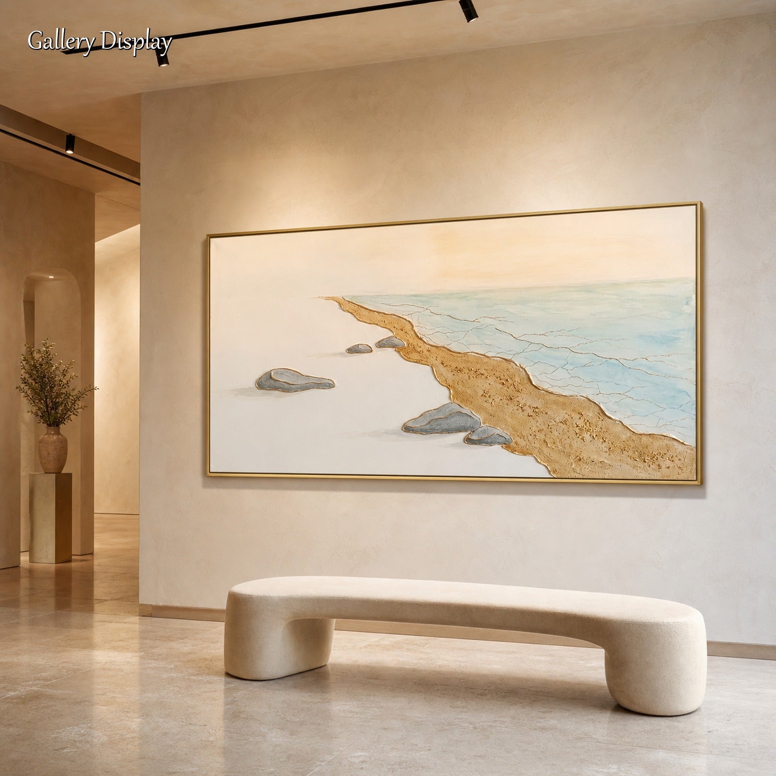 Large Gold Beige Ocean Wave Textured Painting For Modern Living Room Decor
