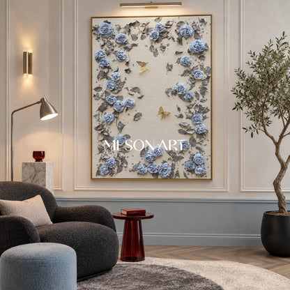 Blue And Gray Botanical Painting Original Hand Painted Modern Organic Wall Art Rectangular Canvas By Mesonart