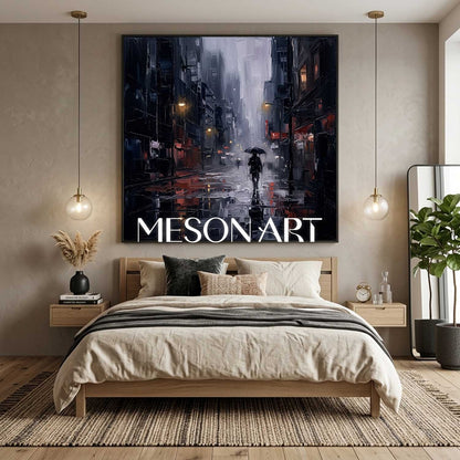 Abstract Cityscape Painting With Textured Plaster Finish For Industrial Loft Living Room