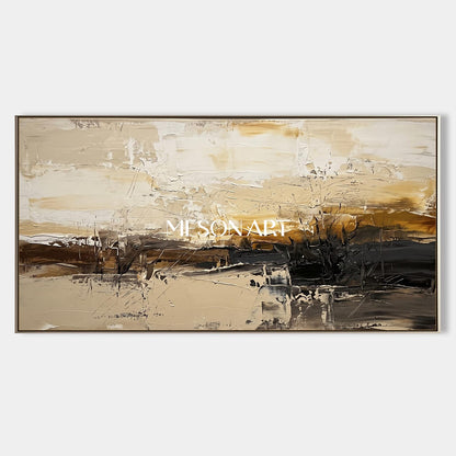 Quadro astratto con paesaggio in beige e nero, opera d'arte panoramica da parete per il soggiorno, realizzato da Mesonart