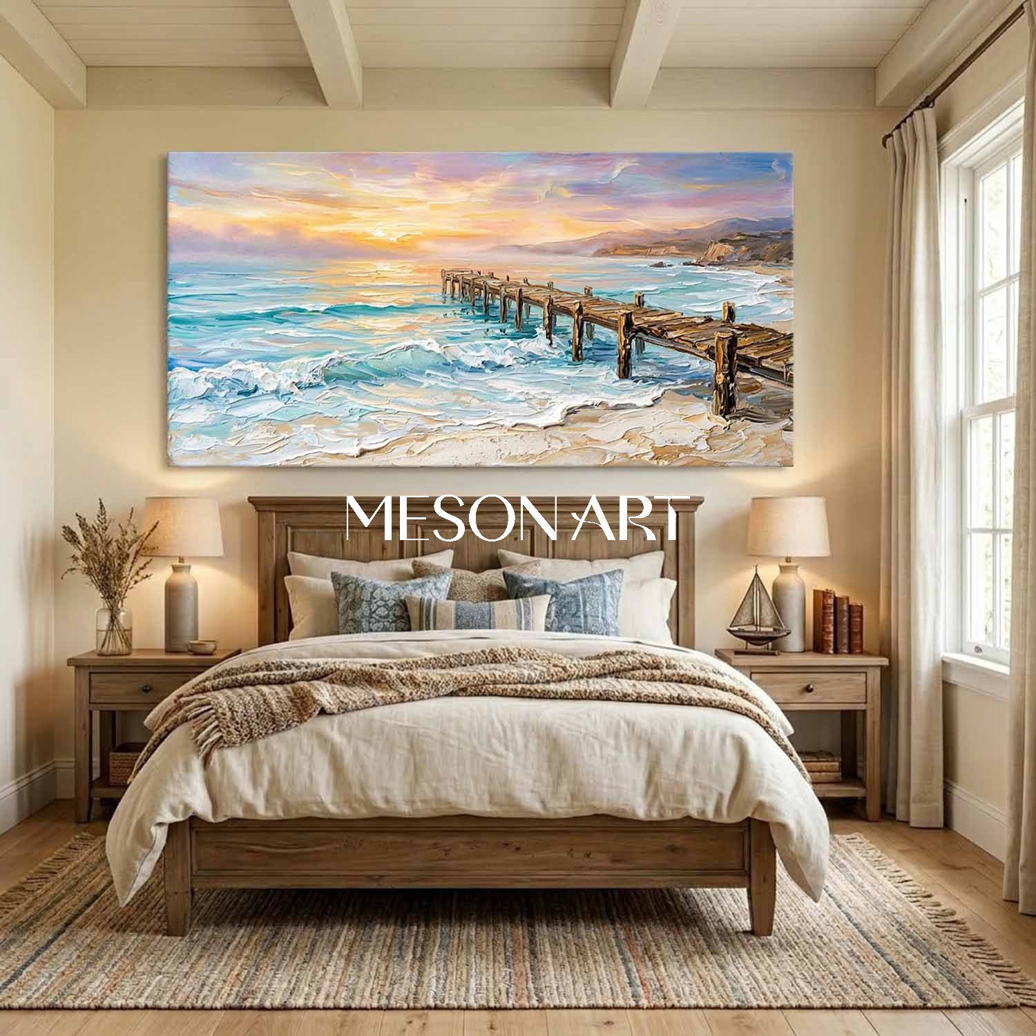 Luxury Coastal Seascape Painting With Impasto Texture For Modern Living Room Decor