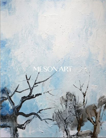 Blue And White Textured Abstract Landscape Painting Rectangular Wall Art For Living Room By Mesonart