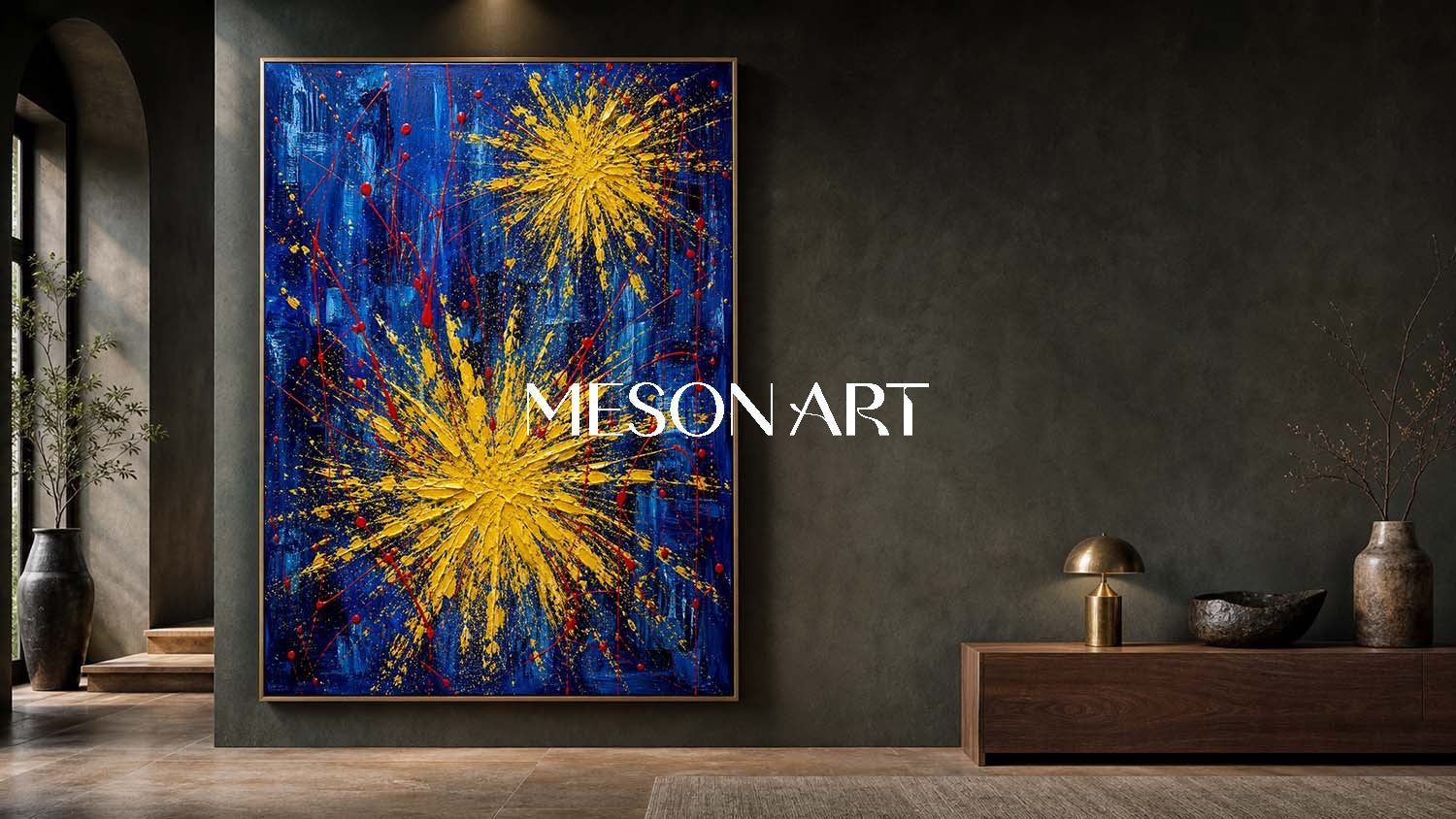 Blue And Gold Abstract Painting With Textured Relief For Modern