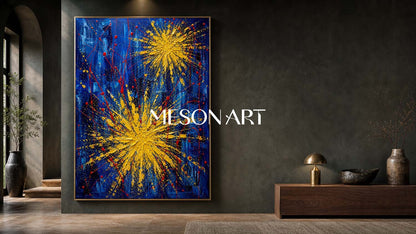 Blue And Gold Abstract Painting With Textured Relief For Modern Living Room Decor