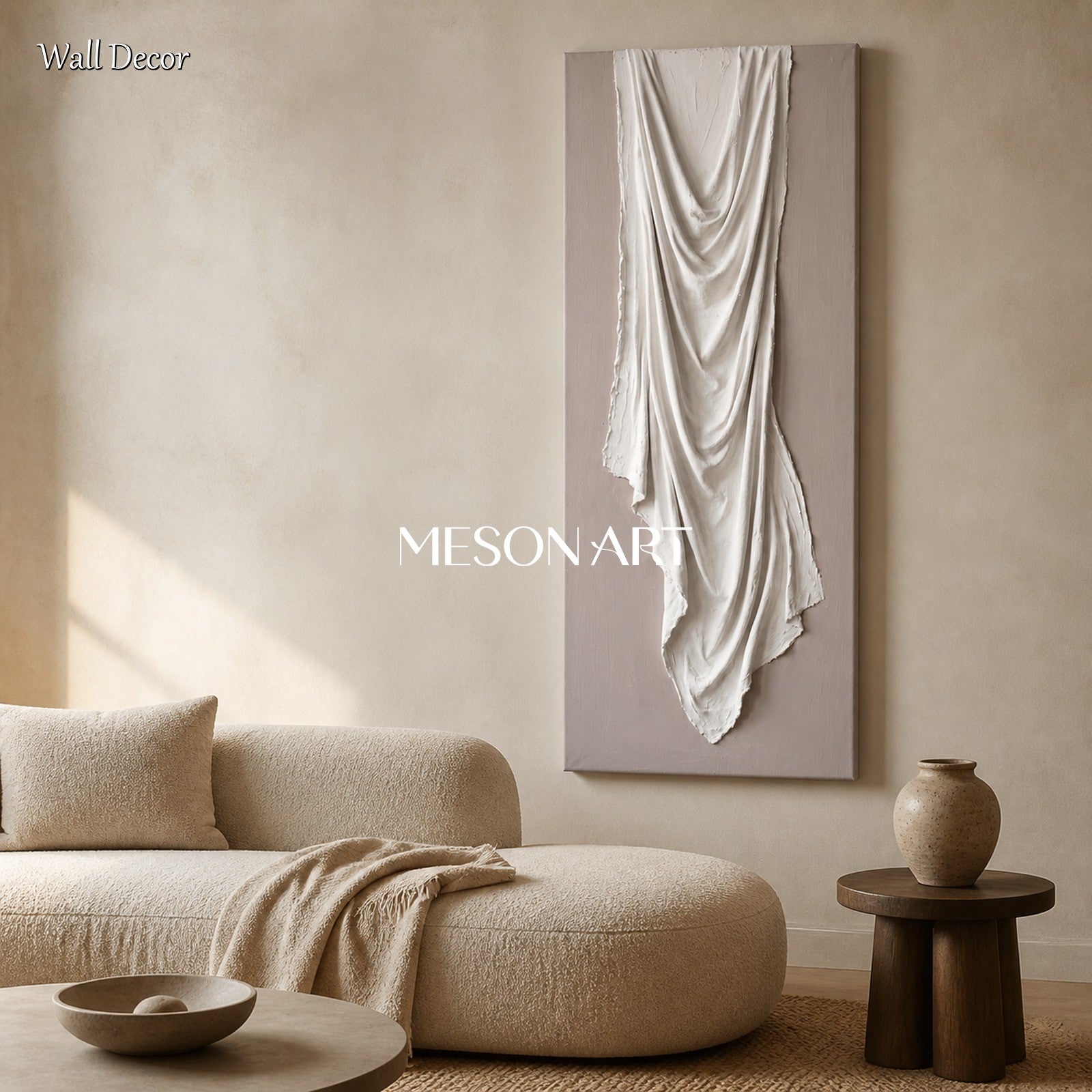 White And Beige 3D Textured Wall Art Minimalist Sculptural Panoramic Painting By Mesonart