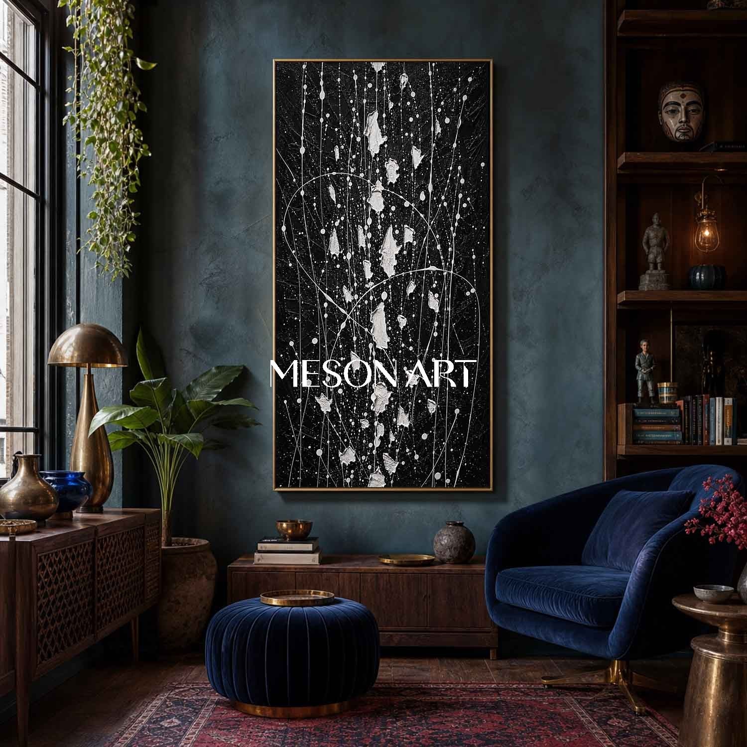 Large Black And White Abstract Pollock Art For Modern Living Room Decor
