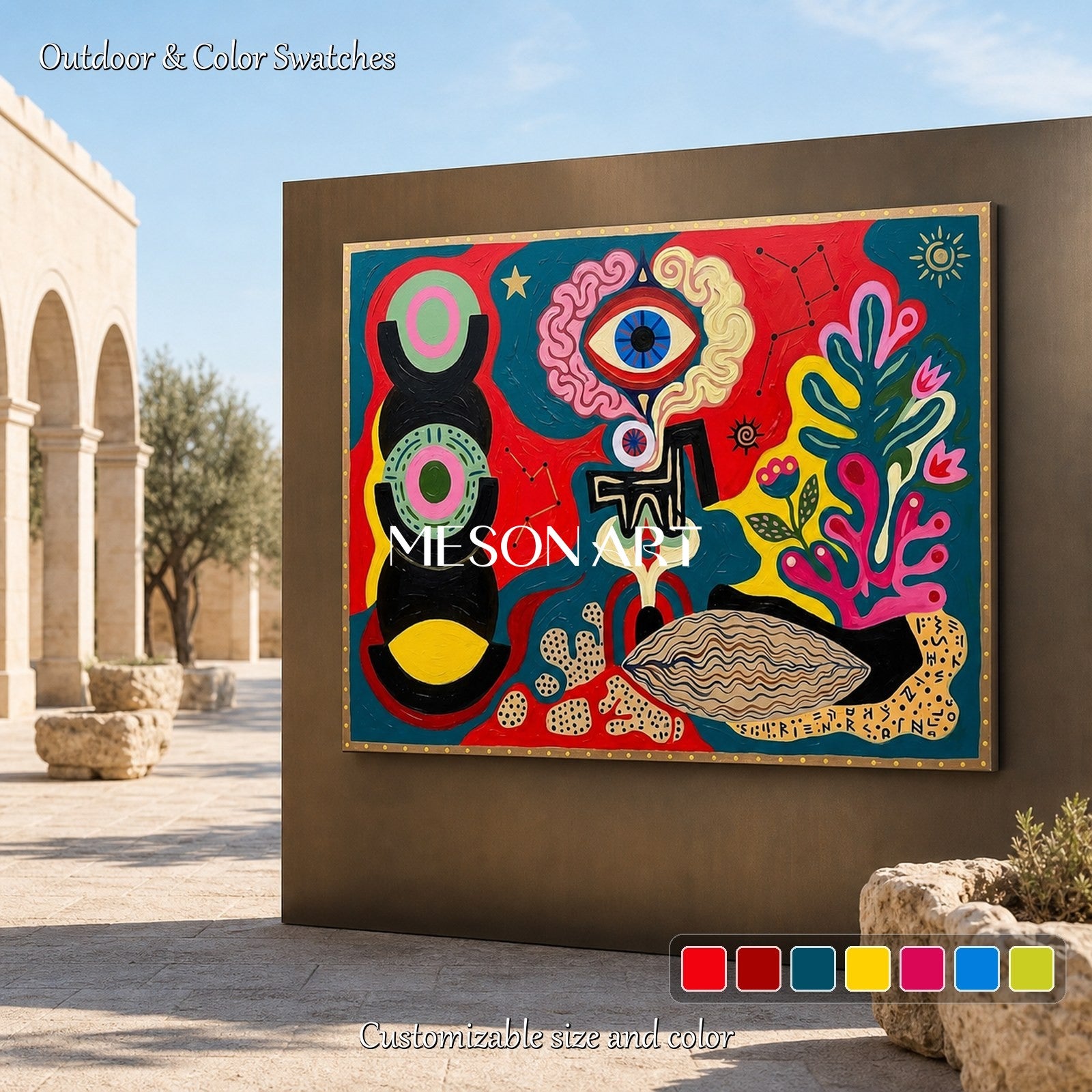 Surrealist Abstract Painting With Cosmic Symbols In Red And Blue For Modern Living Room Decor