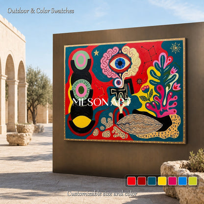 Surrealist Abstract Painting With Cosmic Symbols In Red And Blue For Modern Living Room Decor