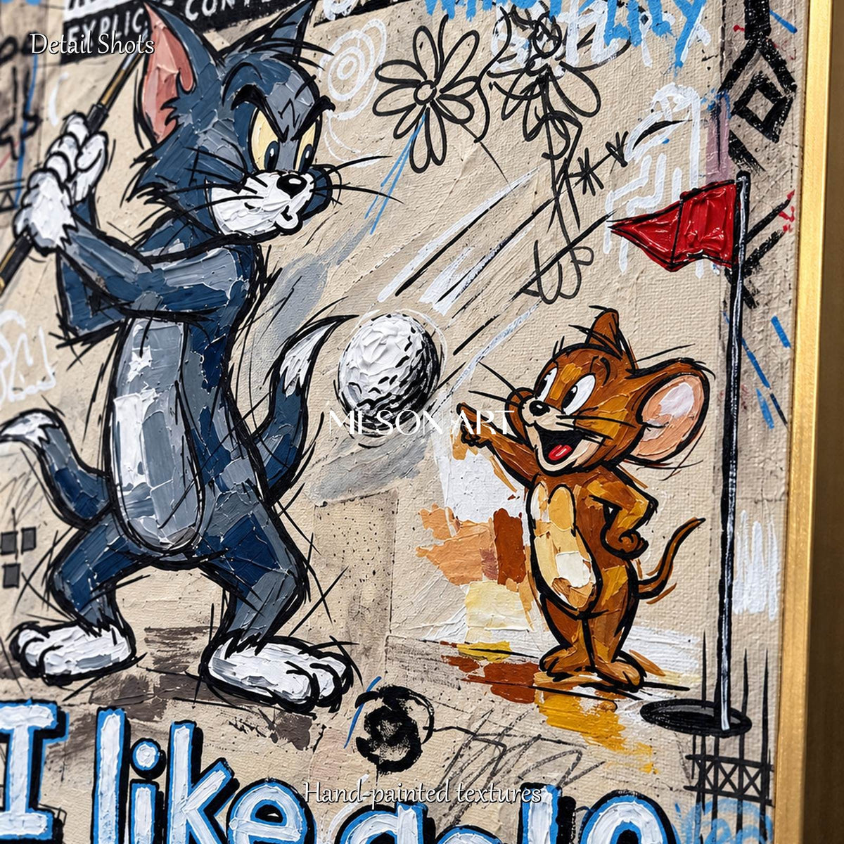 Beige And Black Gaming Art Rectangular Canvas Wall Decor Original Artist Hand Painted Tom And Jerry By Mesonart