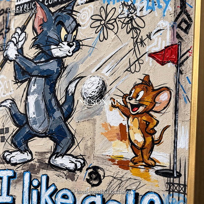 Beige And Black Gaming Art Rectangular Canvas Wall Decor Original Artist Hand Painted Tom And Jerry By Mesonart