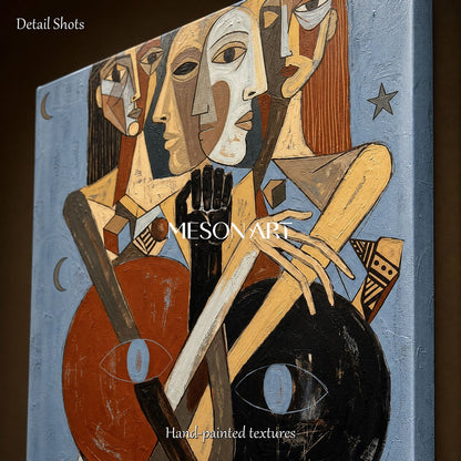 Blue And Brown Expressionist Figurative Abstract Painting Panoramic Wall Art For Living Room By Mesonart