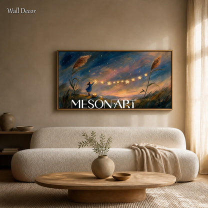 Blue And Gold Stars Whimsical Girl Fantasy Art Panoramic Wall Decor For Bedroom By Mesonart