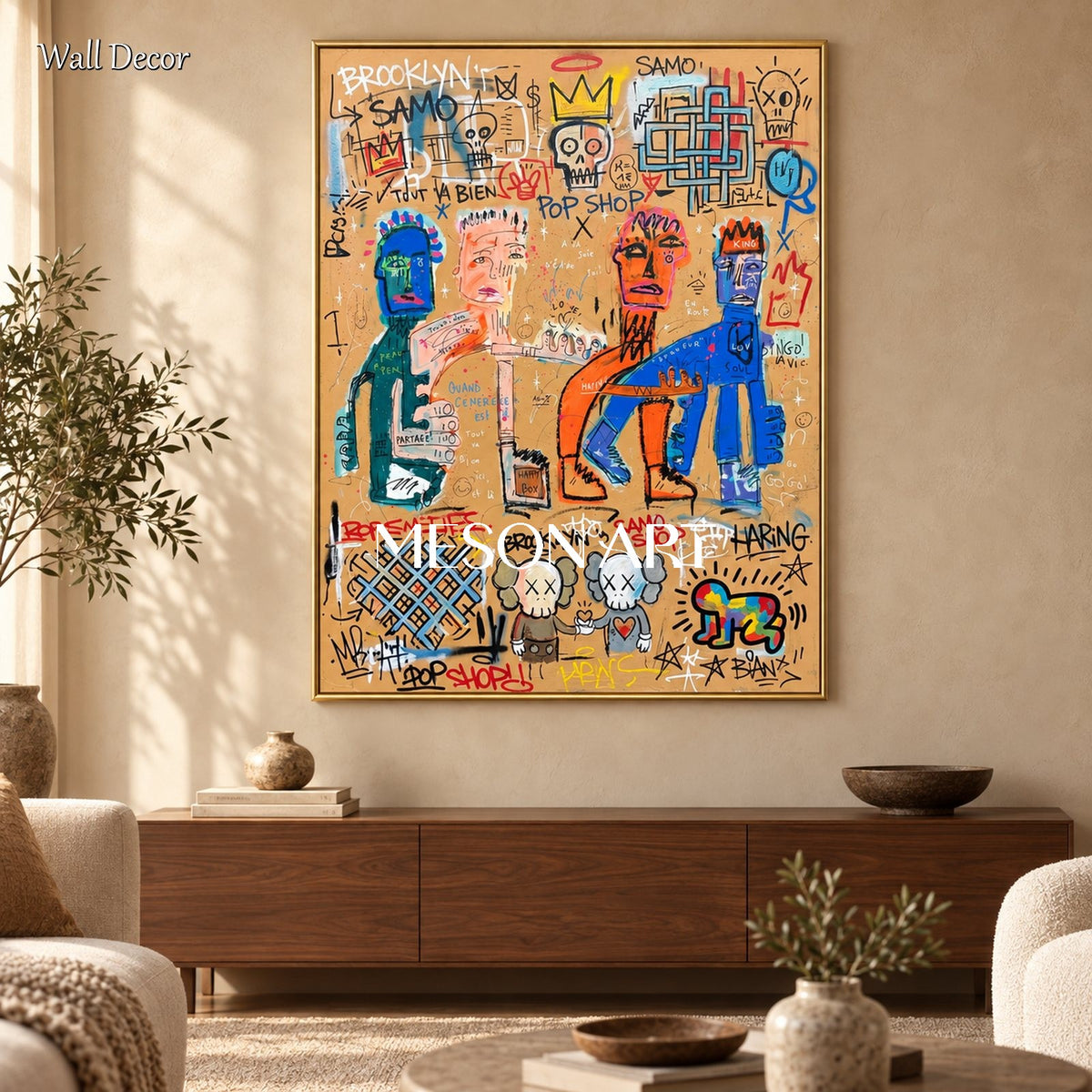Brown And Blue Graffiti Art Contemporary Wall Decor Rectangular Original Artist Hand Painted By Mesonart