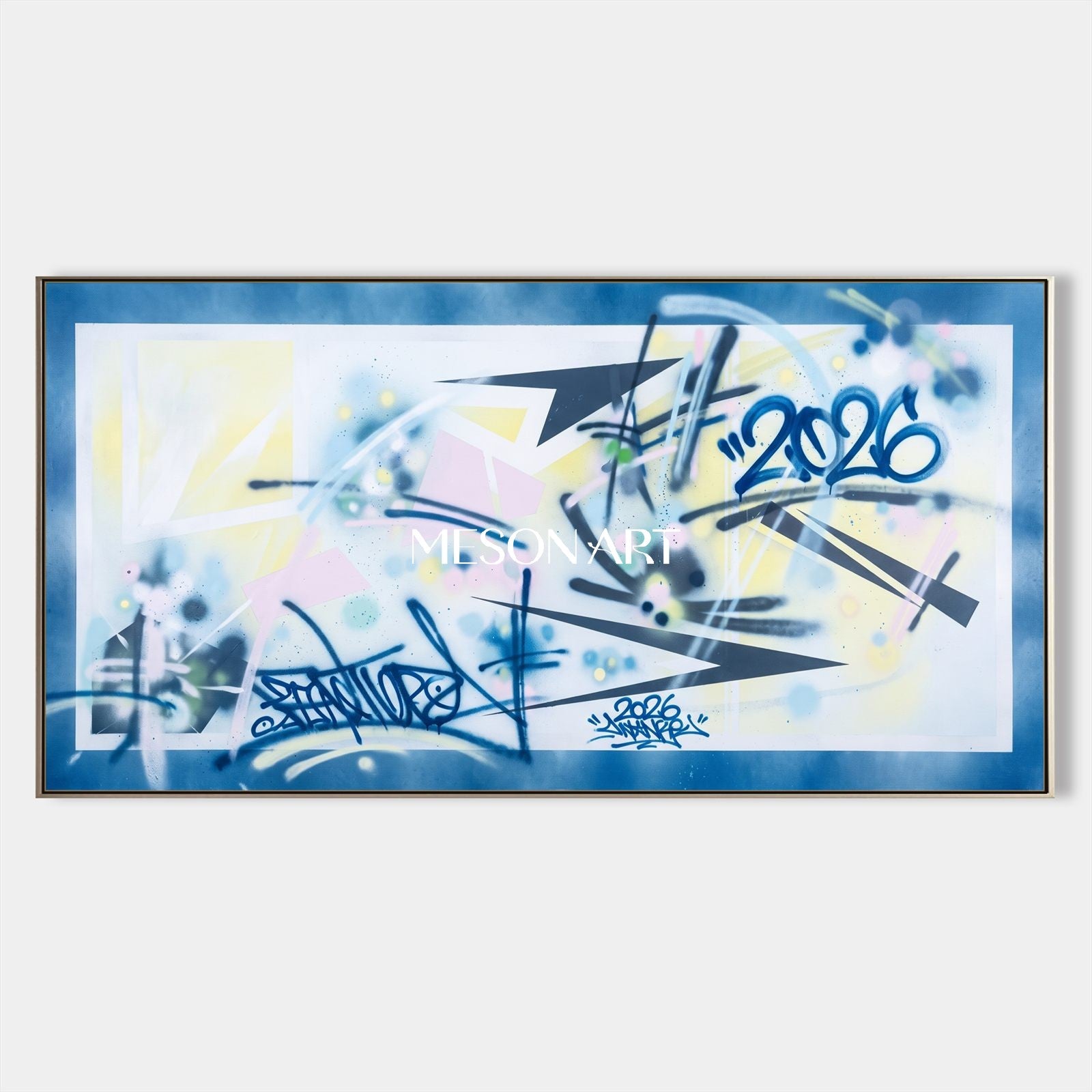 Blue And Yellow Graffiti Art Panoramic Wall Decor Original Artist Hand Painted By Mesonart
