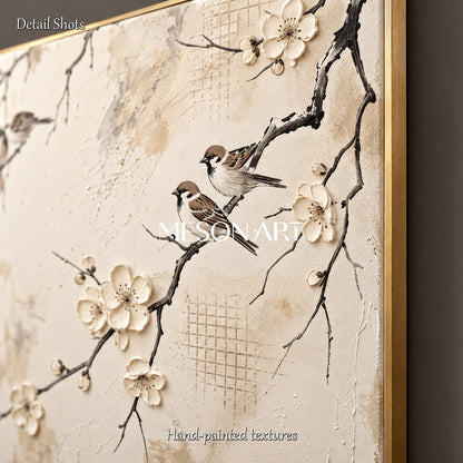 Beige And White Sparrow Painting Square Wall Art Original Artist Hand Painted By Mesonart