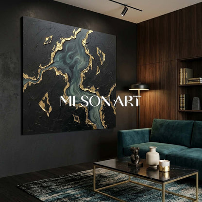 Luxury Black And Gold Plaster Abstract Art With Teal Ocean Waves For Living Room