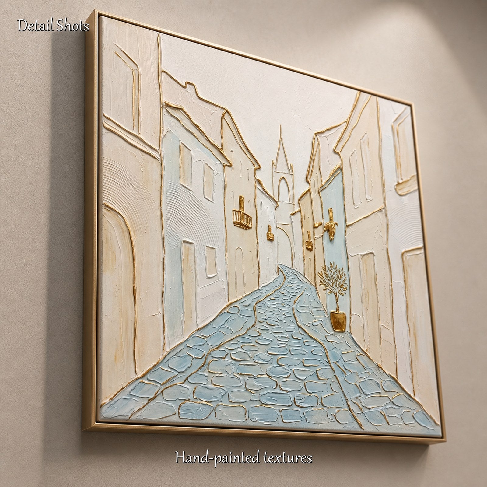 Quadro “Art Deco City” con texture dorata per l’arredamento di un soggiorno moderno