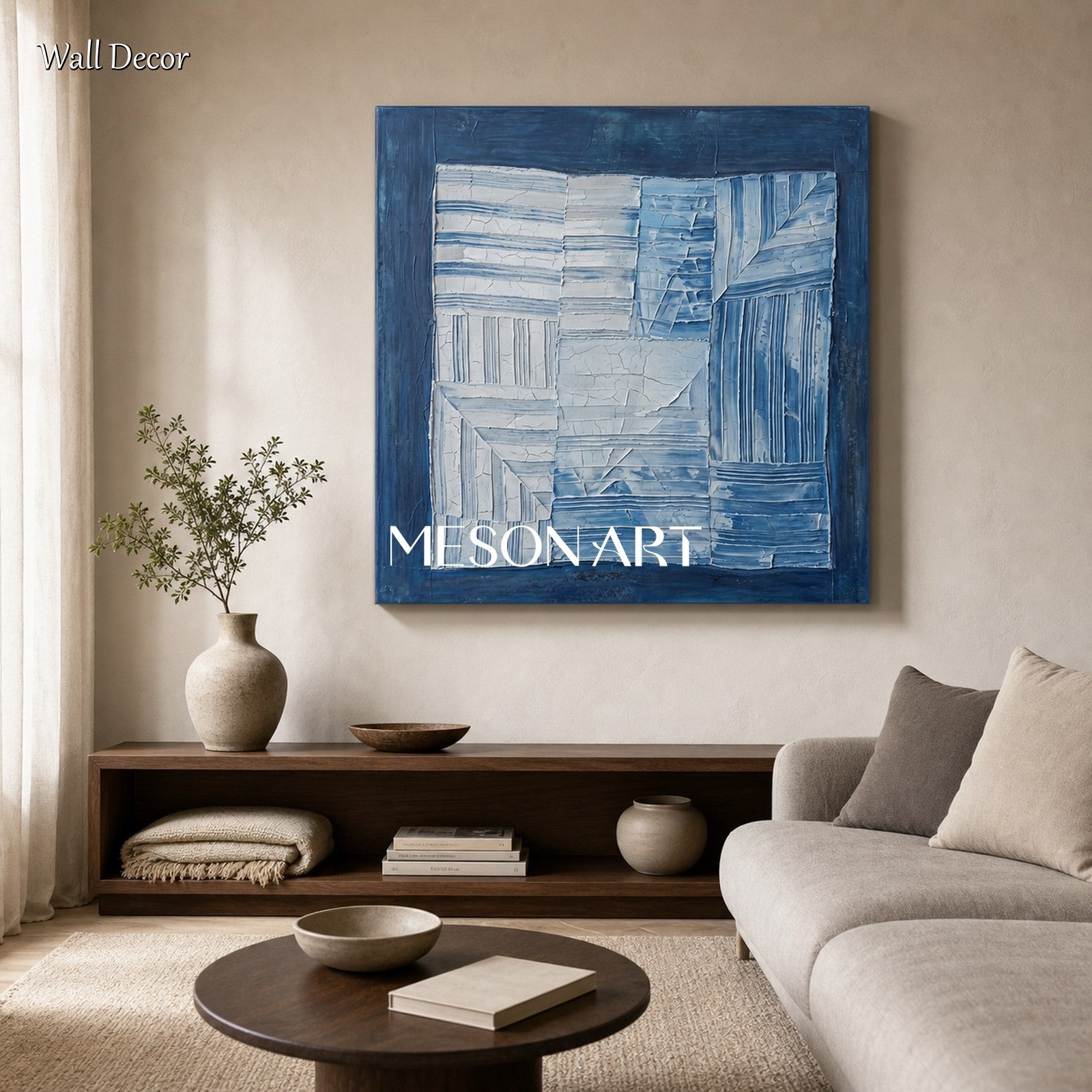 v*d様 O PROJECT BRUSHED LT CANVAS EASY CA Blue Abstract Wall Art With Textured Relief For Wabi-Sabi Home