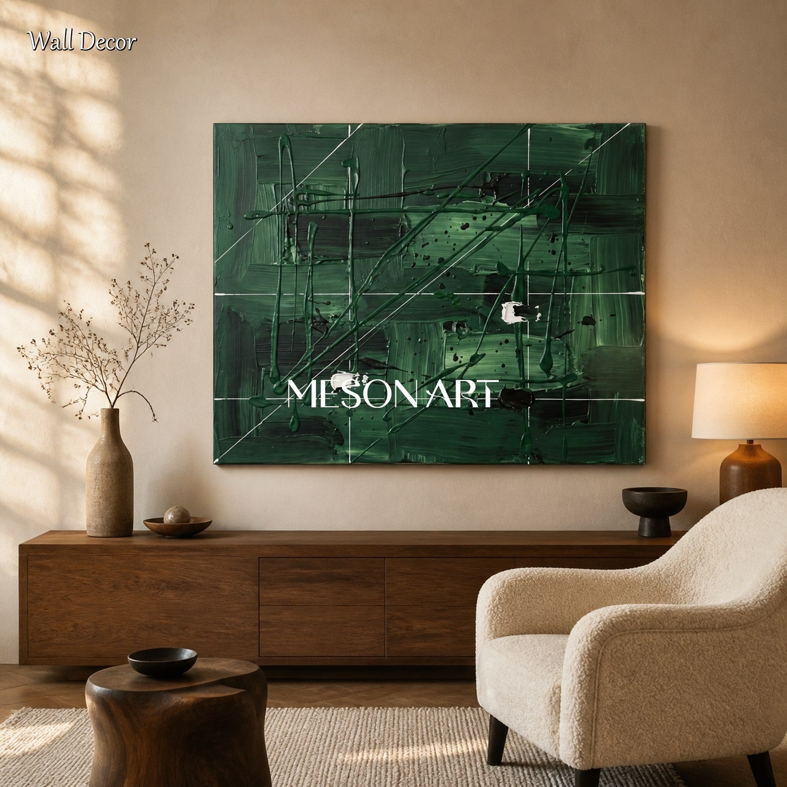 Green And Black Pollock Inspired Painting Rectangular Wall Art Contemporary Drip Art By Mesonart