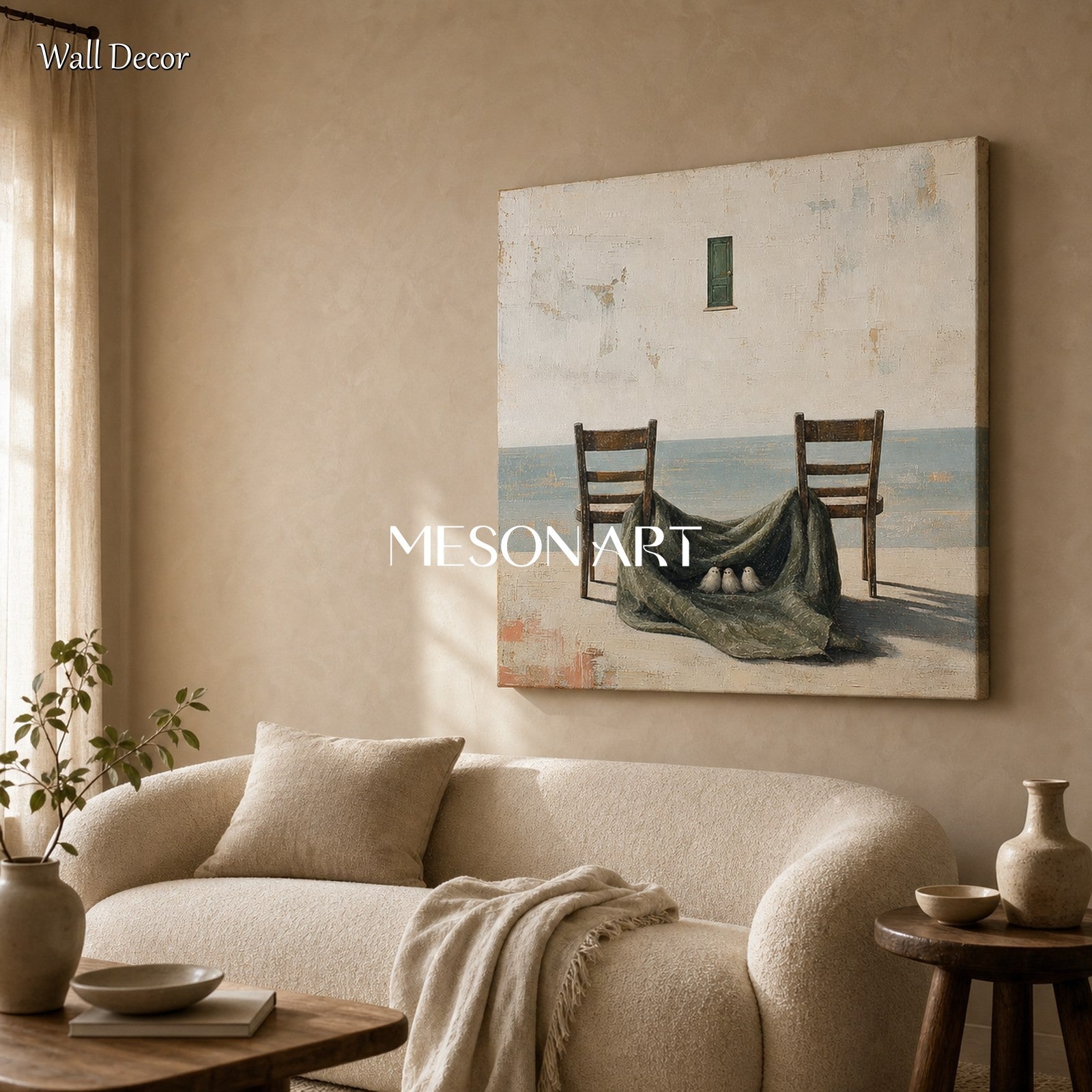 Surrealist Coastal Art With Birds And Chairs For Living Room Decor