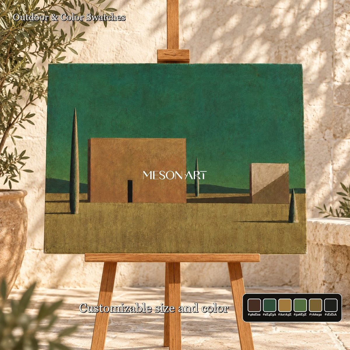 Green And Brown Surrealist Metaphysical Art Rectangular Architectural Painting For Living Room By Mesonart
